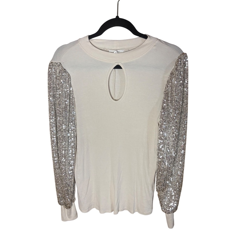 Y2K Maurices holiday Cream Ribbed Sequin Long Sleeve Keyhole Top Small